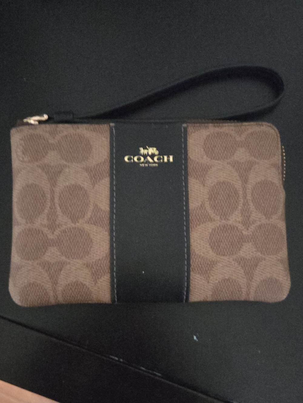 COACH Brown Signature Canvas Wristlet with Black Stripe
